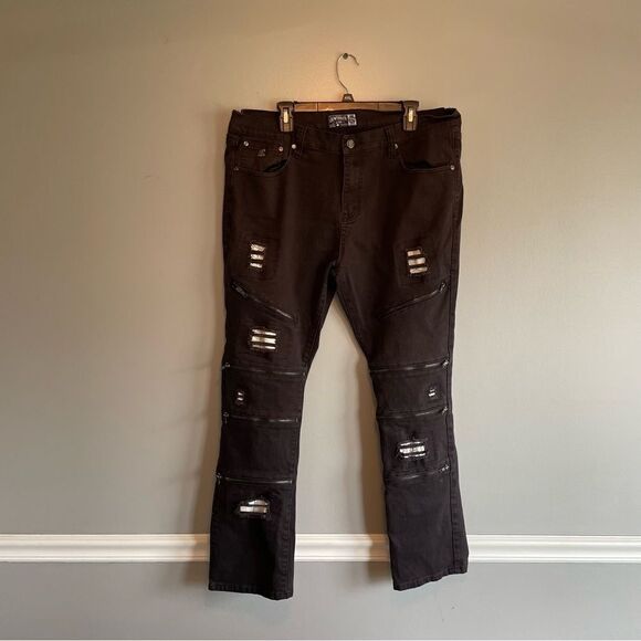 Grindhouse Denim Black jeans size 38 Buckle zippers distressing on legs Mens